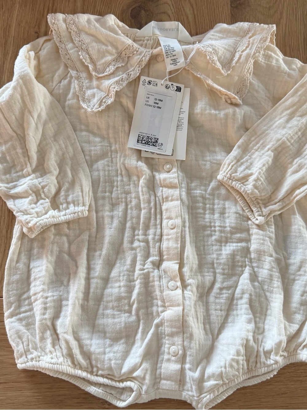 12-18mGirls Cream Long-Sleeve Cotton Bubble with Peter Pan Collar